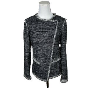 Banana Republic Jacket Women S Tweed Fringe Grey Lined Asymmetrical Snap Closure